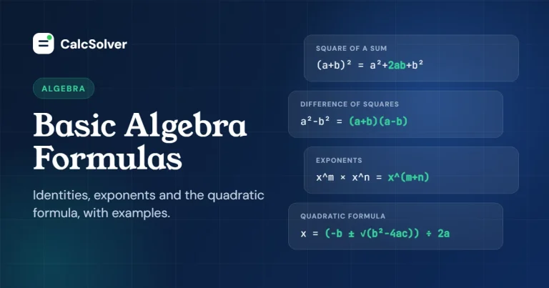 Basic algebra formulas: square of a sum, difference of squares, exponent rule and the quadratic formula