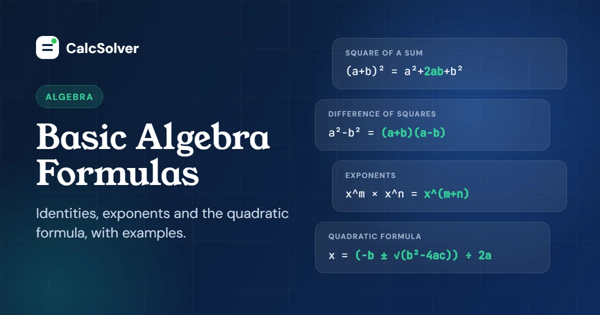 Basic algebra formulas: square of a sum, difference of squares, exponent rule and the quadratic formula