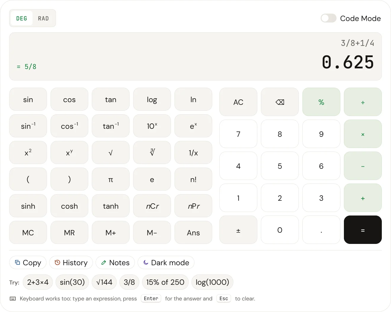 CalcSolver scientific calculator solving 3/8 + 1/4 and showing the answer 0.625 with its fraction form 5/8