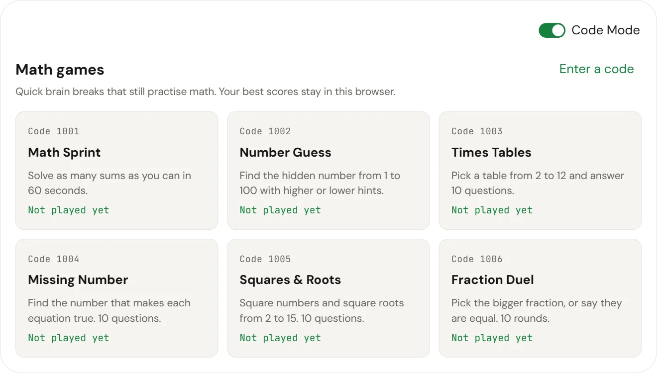 CalcSolver Code Mode game menu listing six math games with their activity codes 1001 to 1006