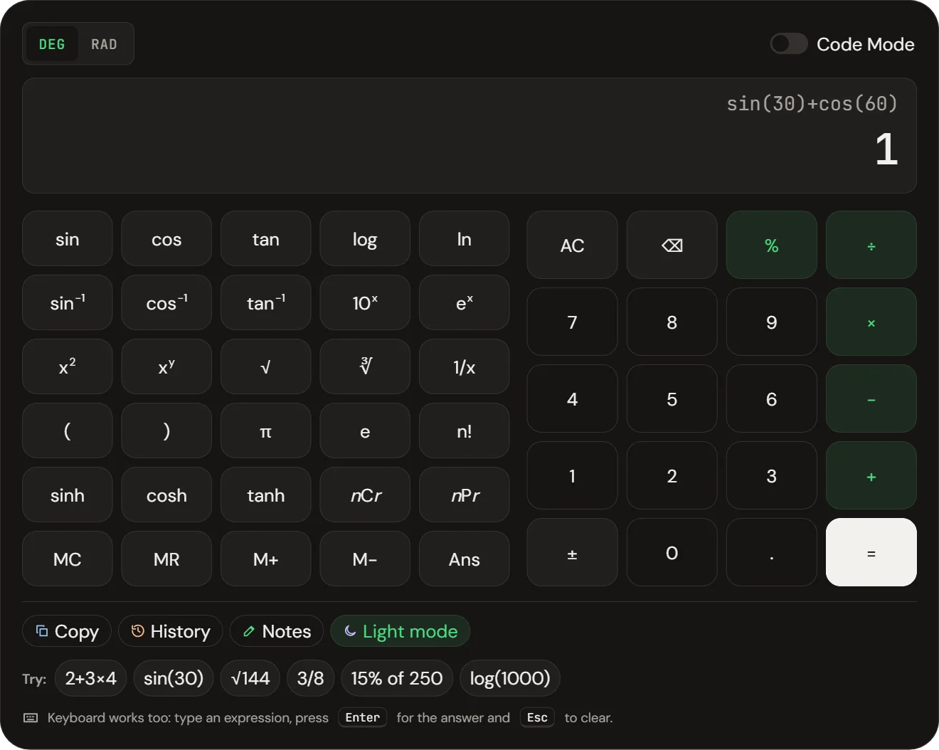 CalcSolver calculator in dark mode solving sin(30) + cos(60) = 1 in degrees