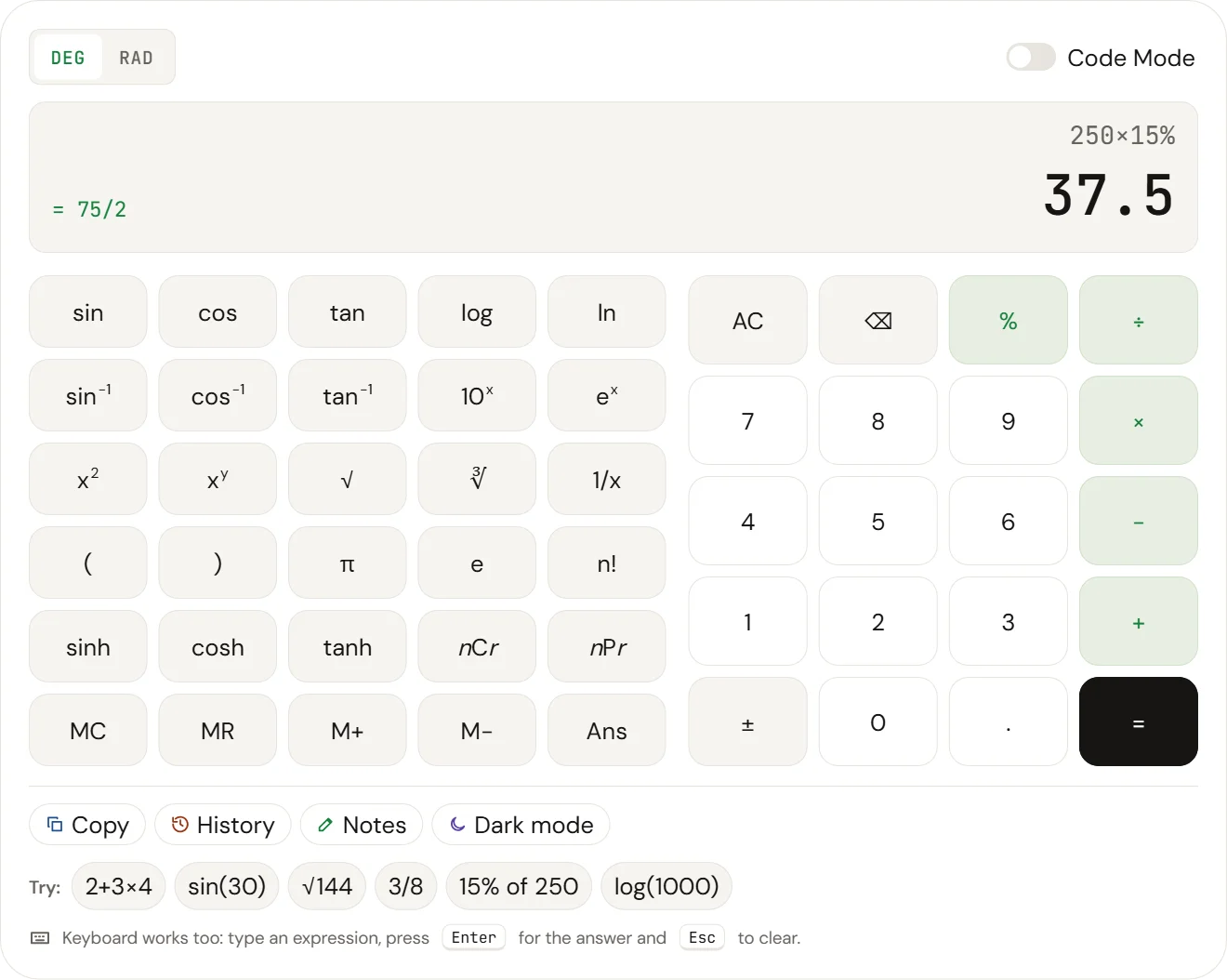 CalcSolver calculator working out 15 percent of 250 as 37.5, with the fraction 75/2
