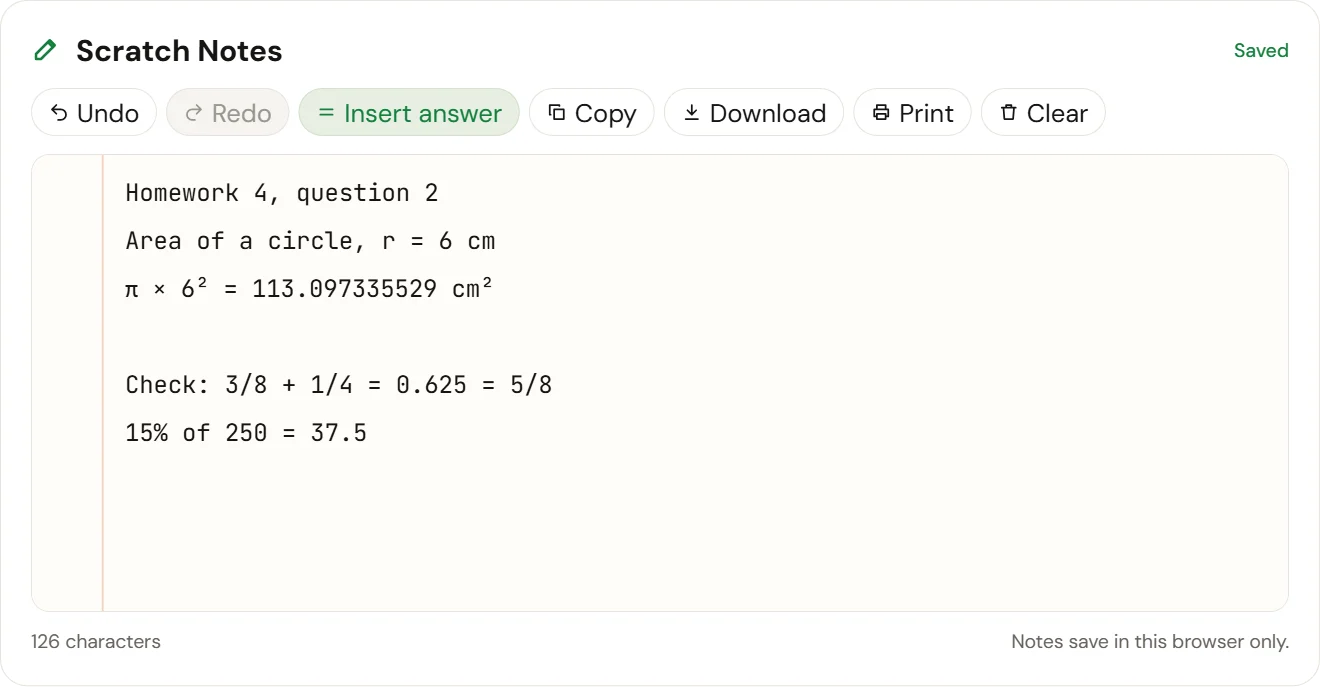 CalcSolver Scratch Notes pad with homework working, including the area of a circle and a fraction check
