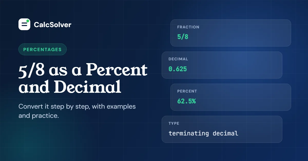 5/8 as a decimal is 0.625 and as a percent is 62.5%