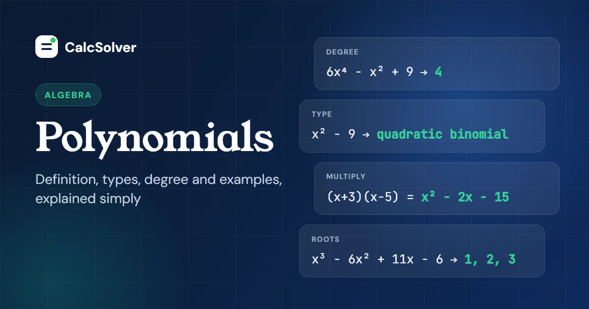 Polynomials: degree, types, multiplying and roots, with worked examples